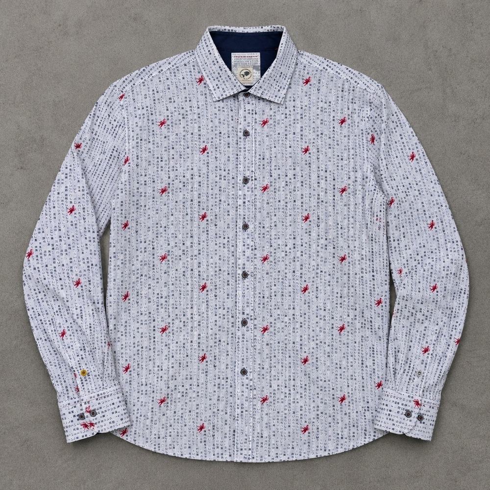 A Fish Named Fred XXL Japanese Script Goldfish Print Button Down Shirt White